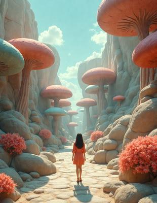 The primary subject of the image is a woman walking down a path surrounded by a forest of mushrooms. The setting is a fantasy world with a magical atmosphere. The visual style is a digital art, illustration, or drawing, creating a vibrant and imaginative scene. The colors and mood are predominantly pink, which adds a sense of whimsy and playfulness to the image.